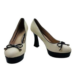 Gomax Cream Patent Black Bow Retro Vibes Office Siren Heels Women's Size 8.5